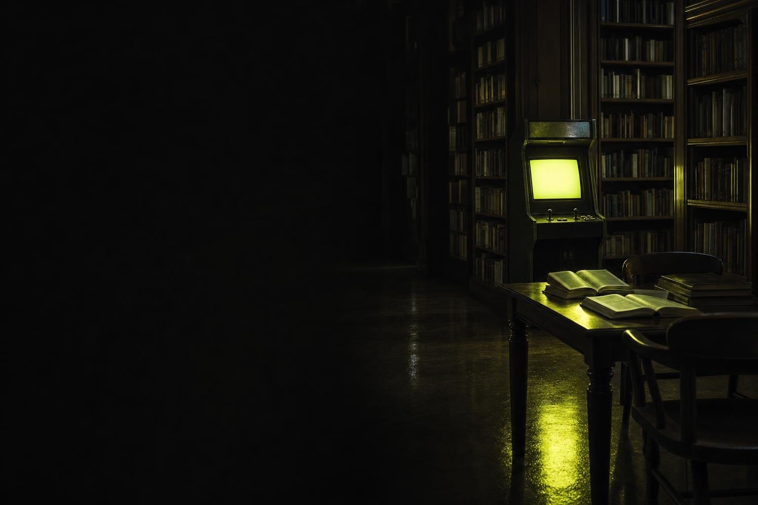 A lone arcade cabinet glowing among bookshelves in a dark library reading room (AI-generated image)