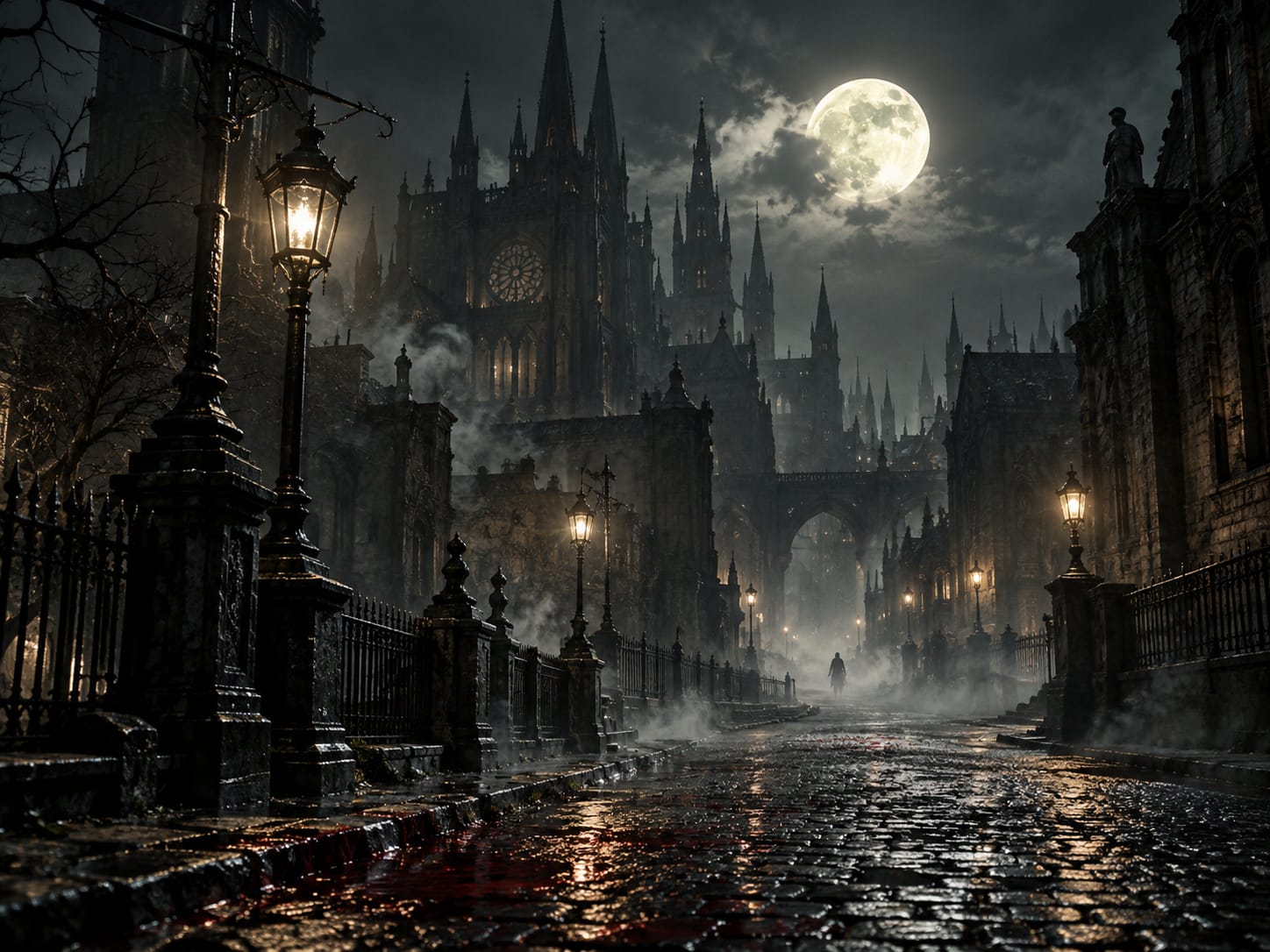 Gothic spires under a pale moon above narrow lamplit streets (AI-generated image)