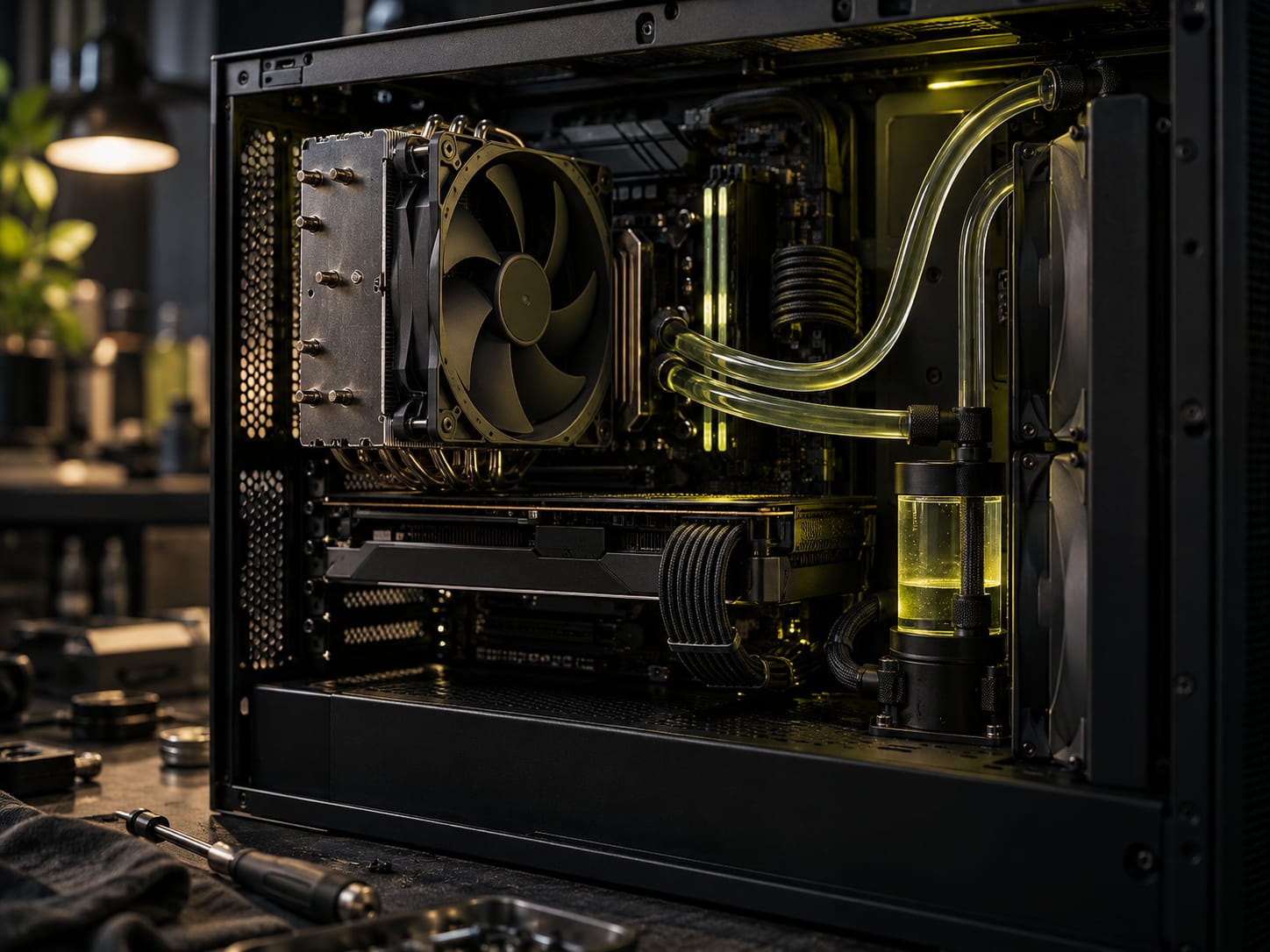 An open PC case with a tower air cooler on one side and a liquid cooling radiator with tubing on the other (AI-generated image)