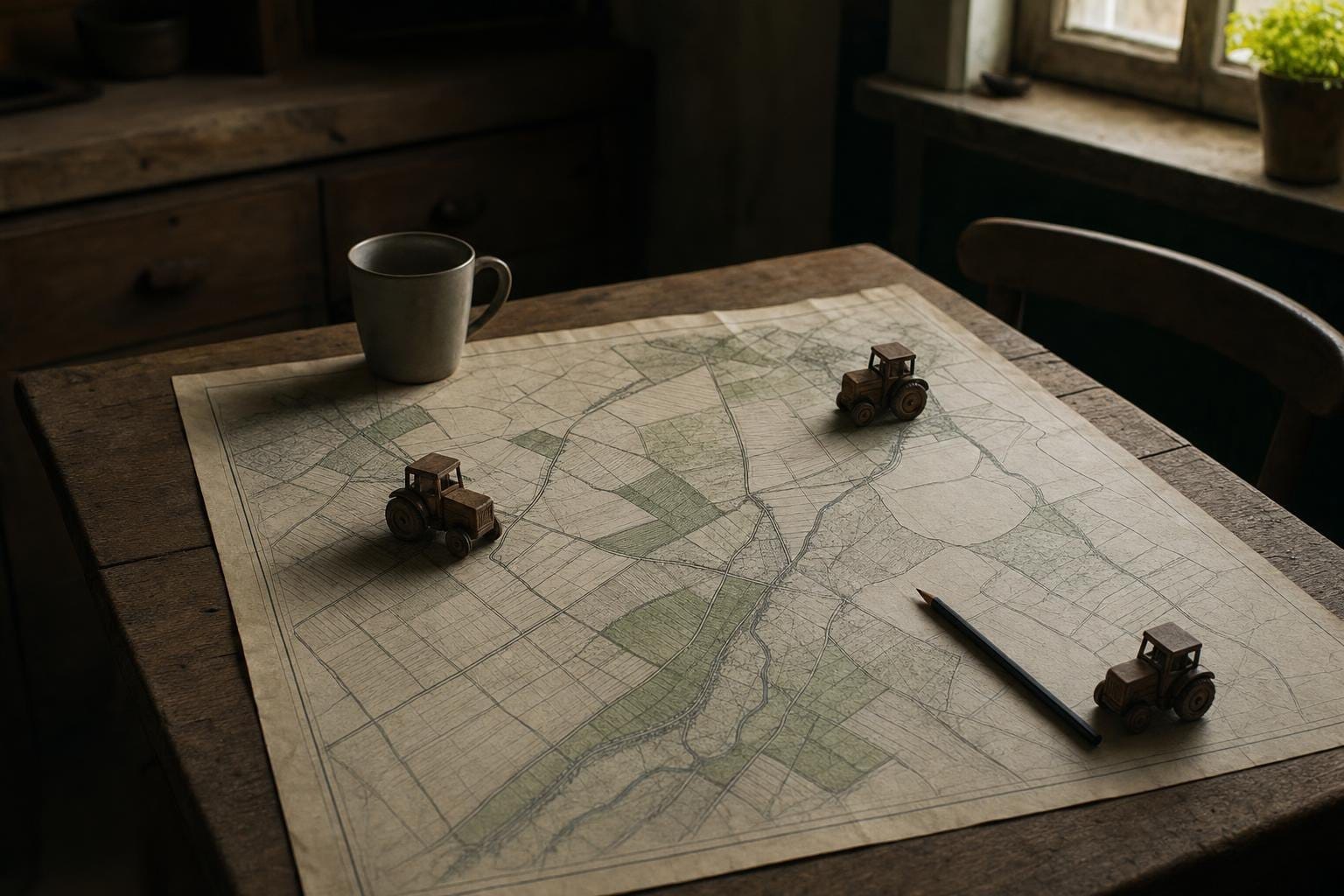 A hand-drawn farm map with wooden tractor figurines on a kitchen table (AI-generated image)