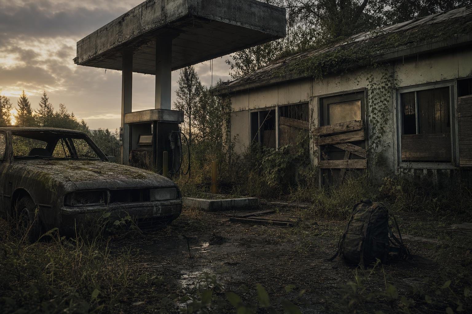 An abandoned overgrown gas station at dusk with a barricaded door (AI-generated image)